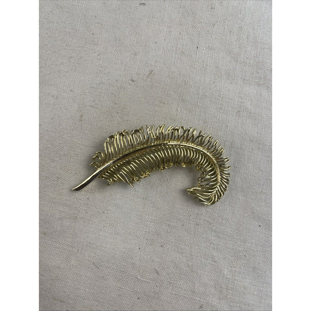 Vtg Coro Gold Tone Brooch Pin 3.5" MCM Signed Art Deco Feather Leaf Palm Fern